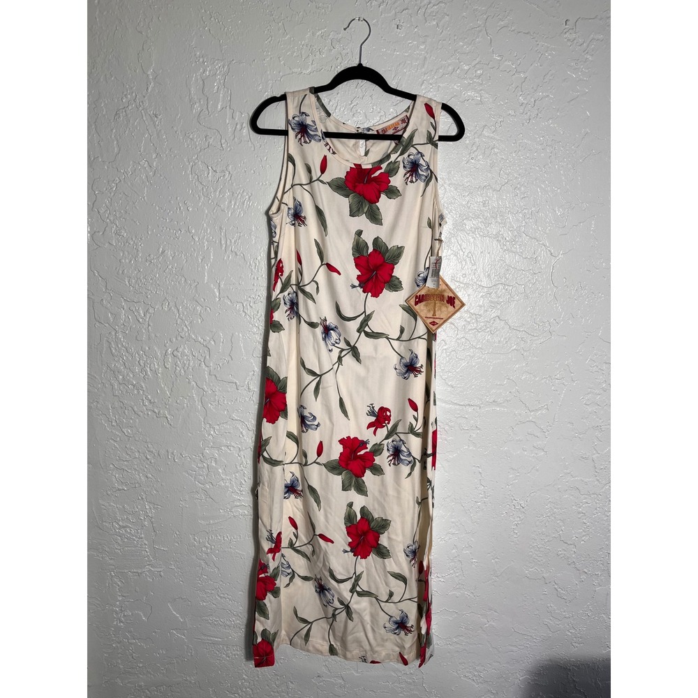 Caribbean Joe Womens Petite Large NWT Tropical Floral Rayon Midi Dress Cream Red